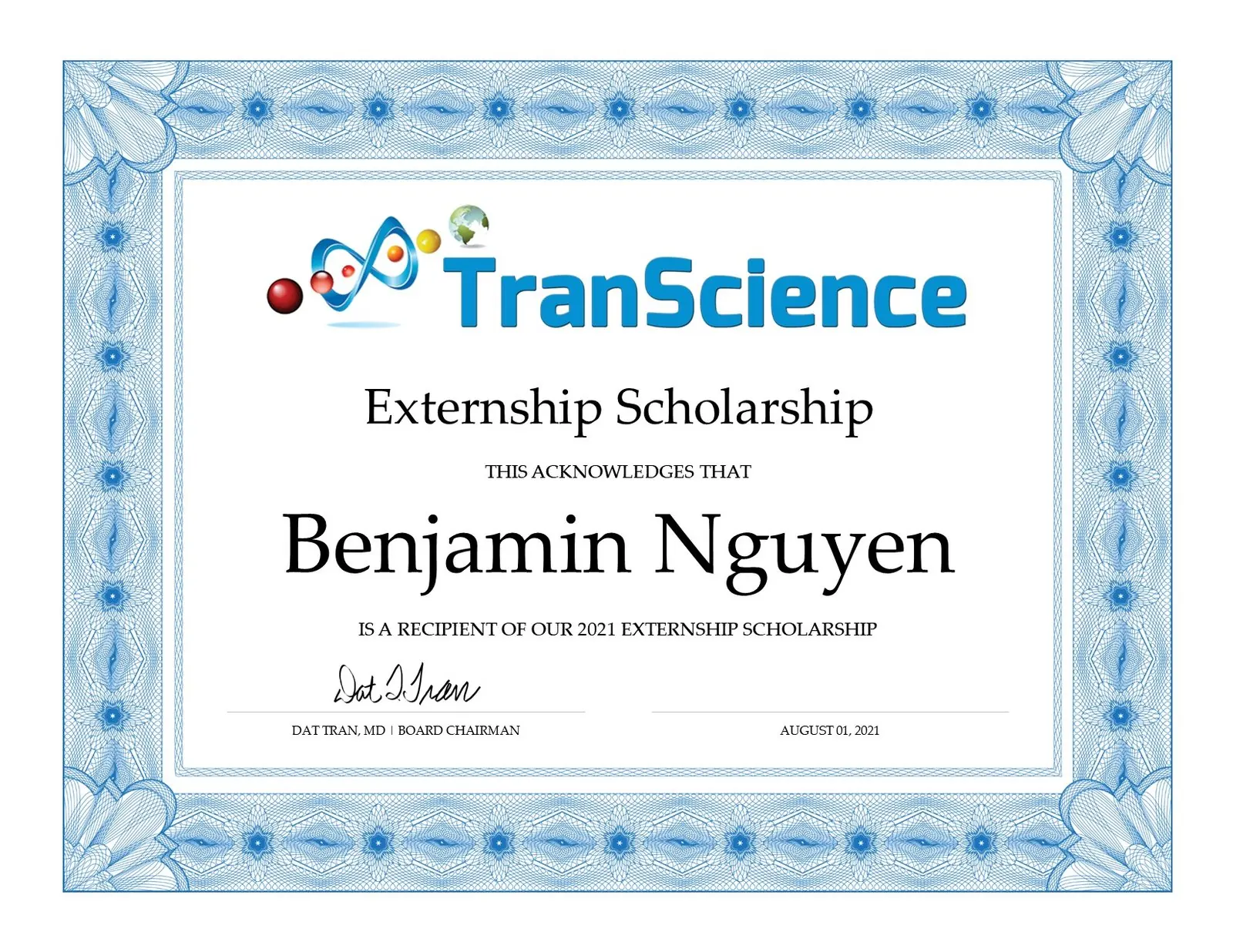 Externship Scholarship certificate for Benjamin Nguyen