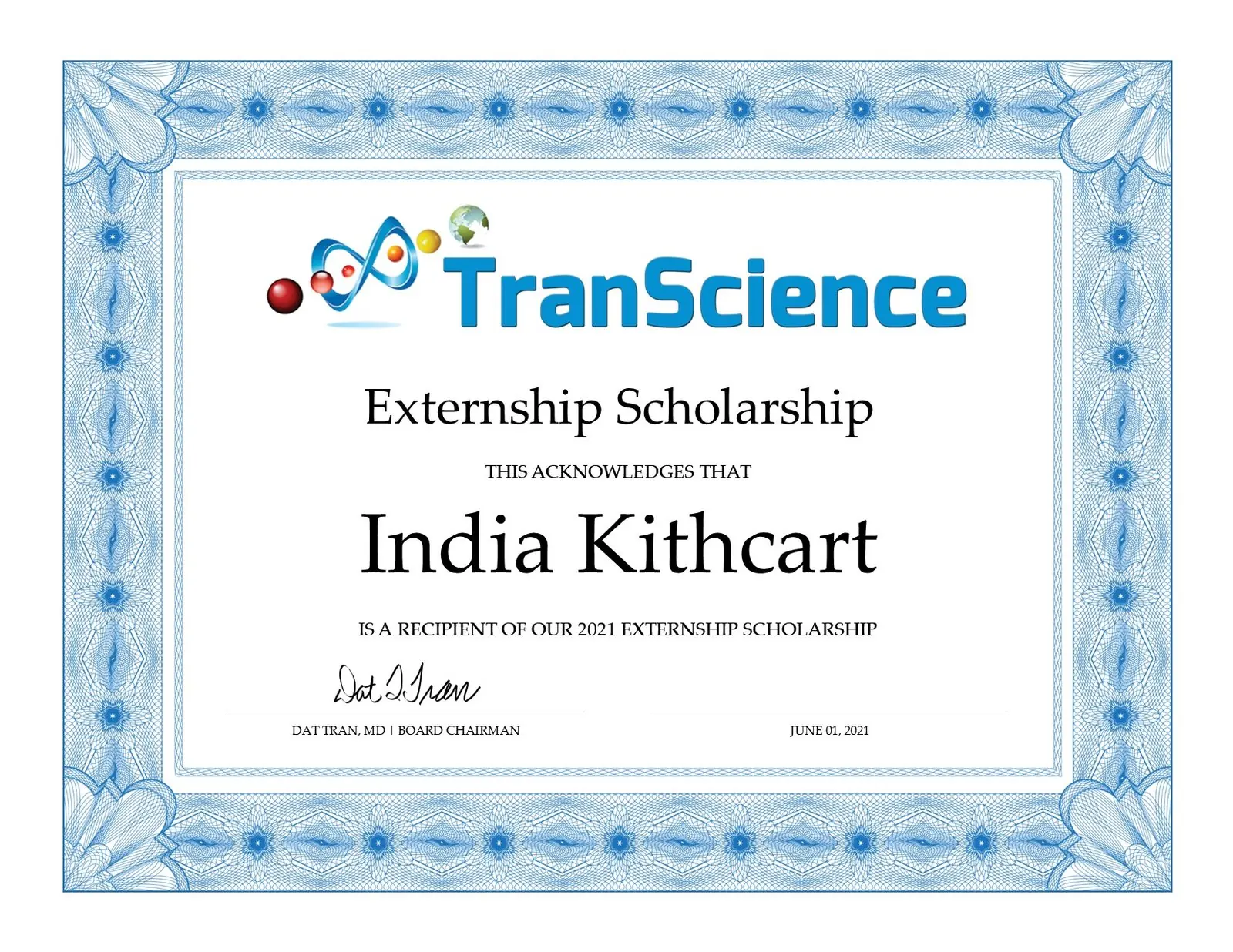 Externship Scholarship certificate for India Kithcart