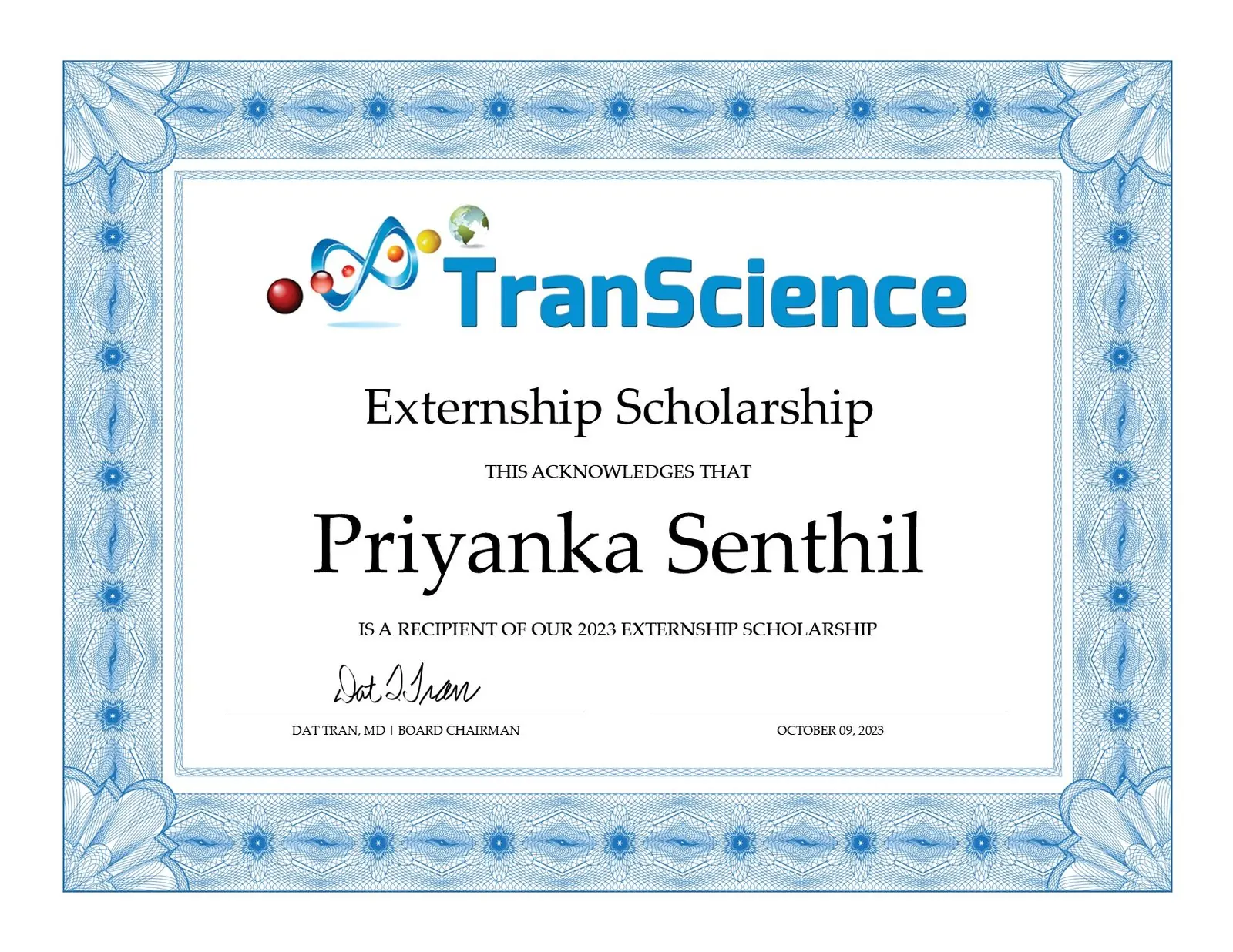 TranScience Externship Scholarship certificate for Priyanka Senthil