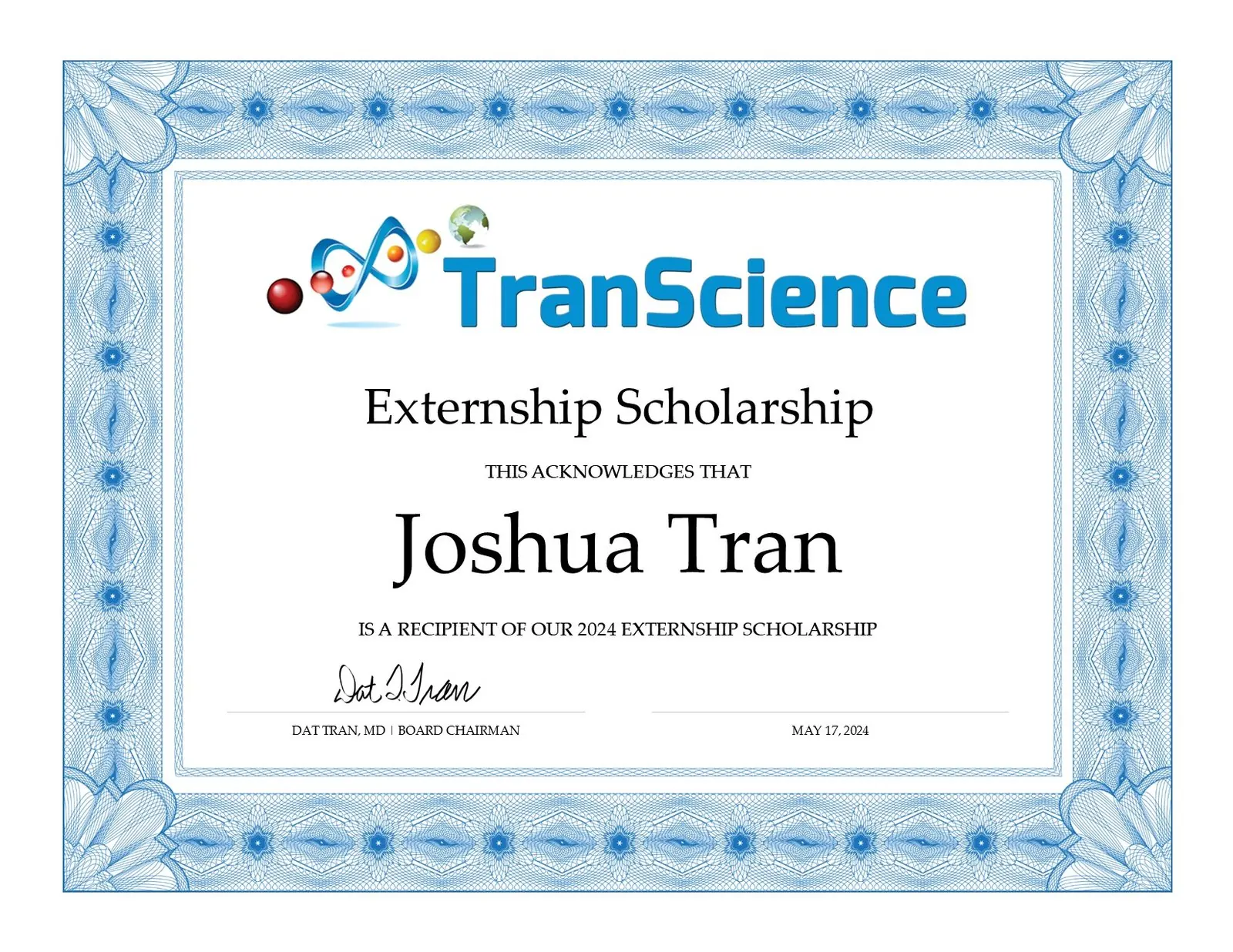 TranScience Externship Scholarship certificate for Joshua Tran
