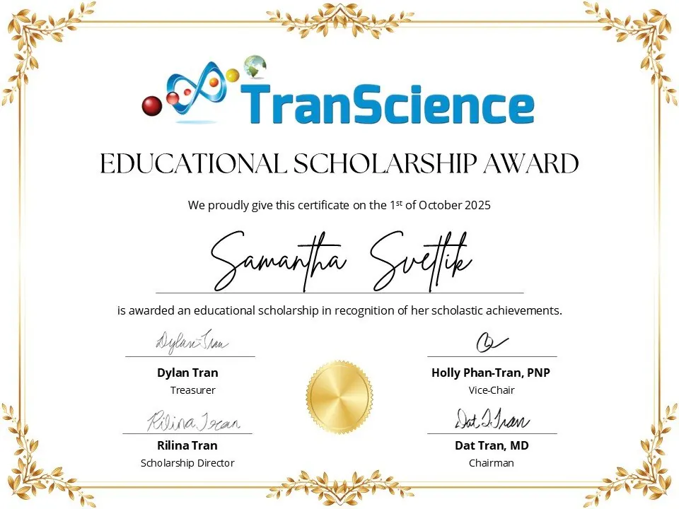 Scholarship award certificate for Samantha Svetlik