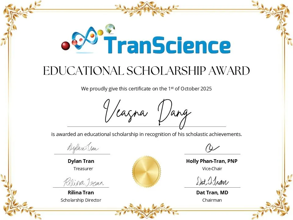 Scholarship award certificate for Veasna Dang