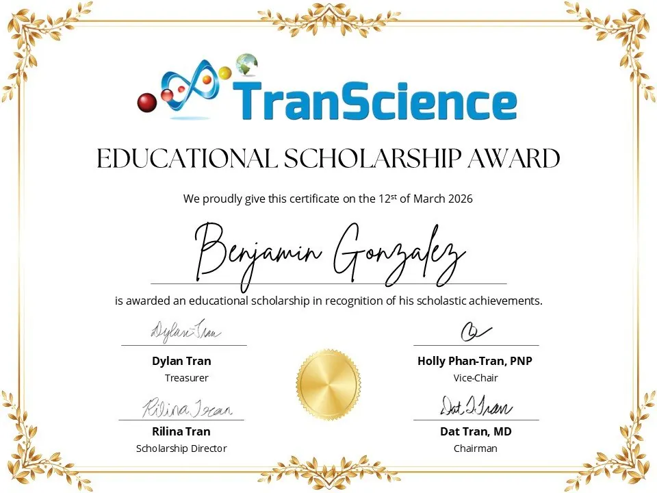 TranScience Educational Scholarship Award certificate for Benjamin Gonzalez