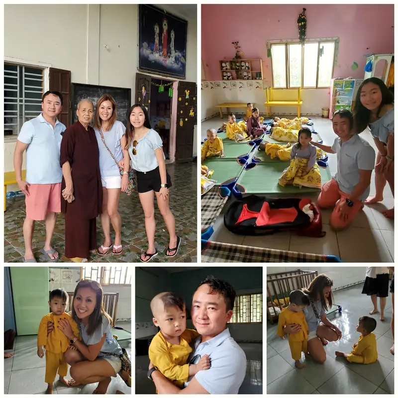 TranScience volunteers with children and monks at My Hoa Pagoda