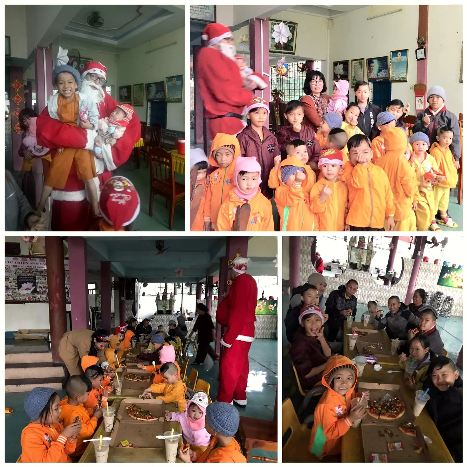 Santa Claus with children in orange robes at a pagoda Christmas party