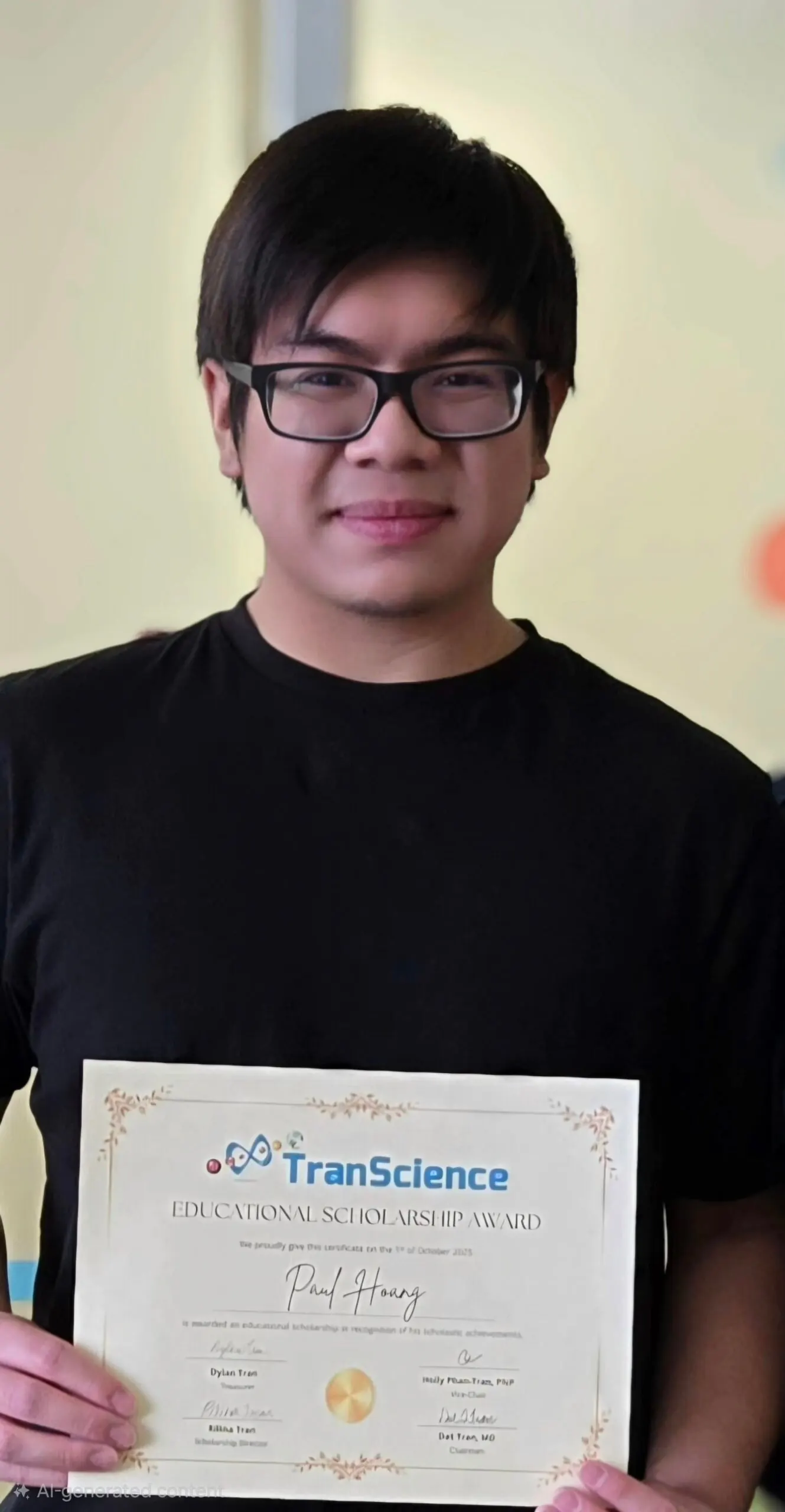 Paul Hoang holding his TranScience scholarship certificate