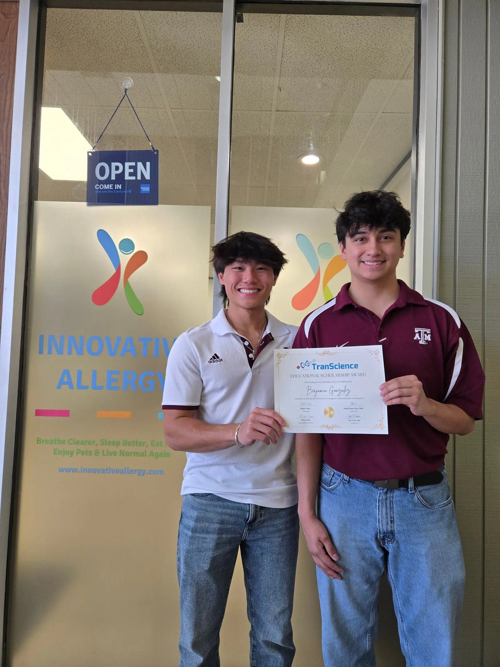 Benjamin Gonzalez with his scholarship certificate